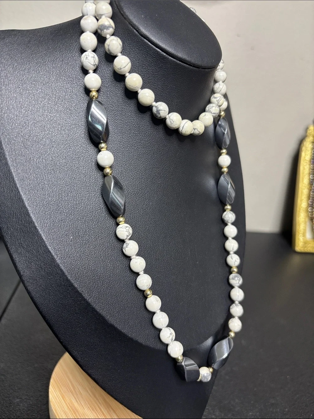 Howlite Stone Hematite Beaded Necklace White and Gray Boho Southwestern